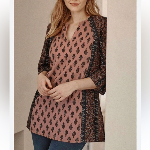 J. Jill Stamped Folkloric Stamped Cotton Linen Blend Tunic Size Petite Large - Picture 1 of 14